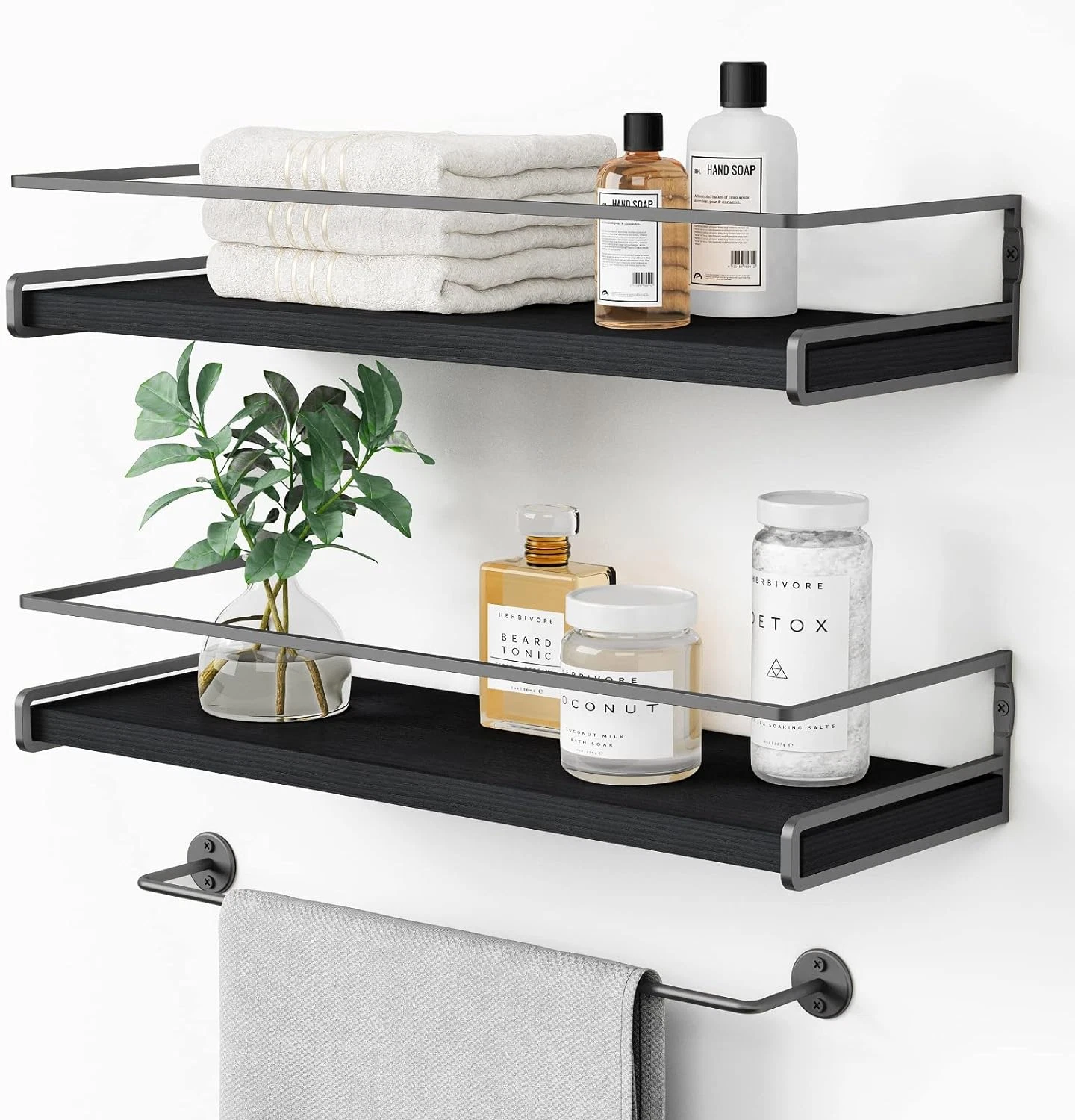2pcs Black Floating Shelves for Bathroom Wall, Modern Wood Hanging Wall Shelves