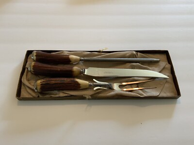 H. Boker German Stag Horn Antler Handle Knife Fork & Sharpening Steel Tool