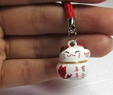 NEW Fengshui Lucky White Maneki Neko Cat Bell 5/8" Auspicious Key Chain Fortune