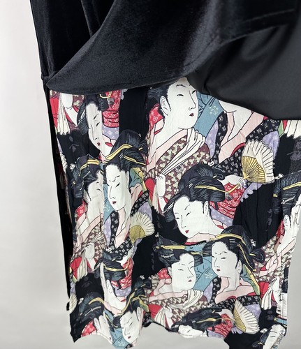 Vintage 90s Velvet Maxi Skirt M Japanese Geisha Asian Novelty Print Art Black - Picture 8 of 12