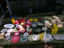 Large Assortment of Plastic  Metal Toy Dishes: Plates/Glasses/Pots/Drainer  