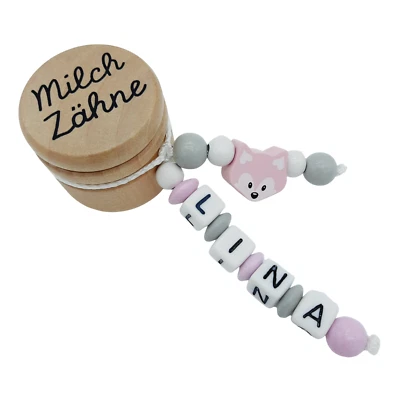 FRAU ELSE Milchzahndose mit Namen Geschenk Geburtstag Einschulung Mädchen Fuchs rosa grau