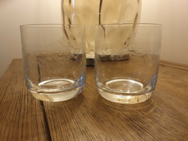 2 Czech Crystal Vintage Swag Etched Whiskey Tumblers Early To Mid Century