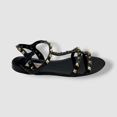 $550 Valentino Garavani Women Black Rockstud T-Strap Flat