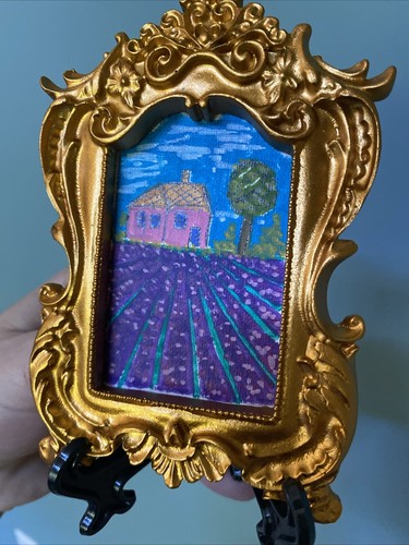 Paesaggio, casa, campo di lavanda, pittura su carta, incorniciato, 5/4, carino, miniatura, - Foto 3 di 5