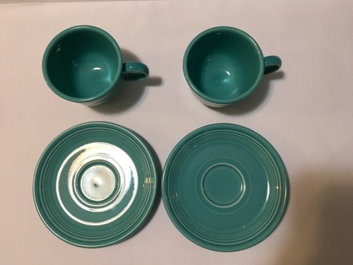 Homer Laughlin Fiestaware Turquoise Cup and Saucer Set, Lot Of 2 Sets, Vintage. - Picture 6 of 7
