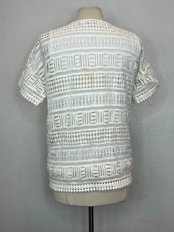 Top Vince Geométrico Encaje Crochet Manga Corta Forrado 100% Algodón Blanco Mujer XS Foto 4 de 4