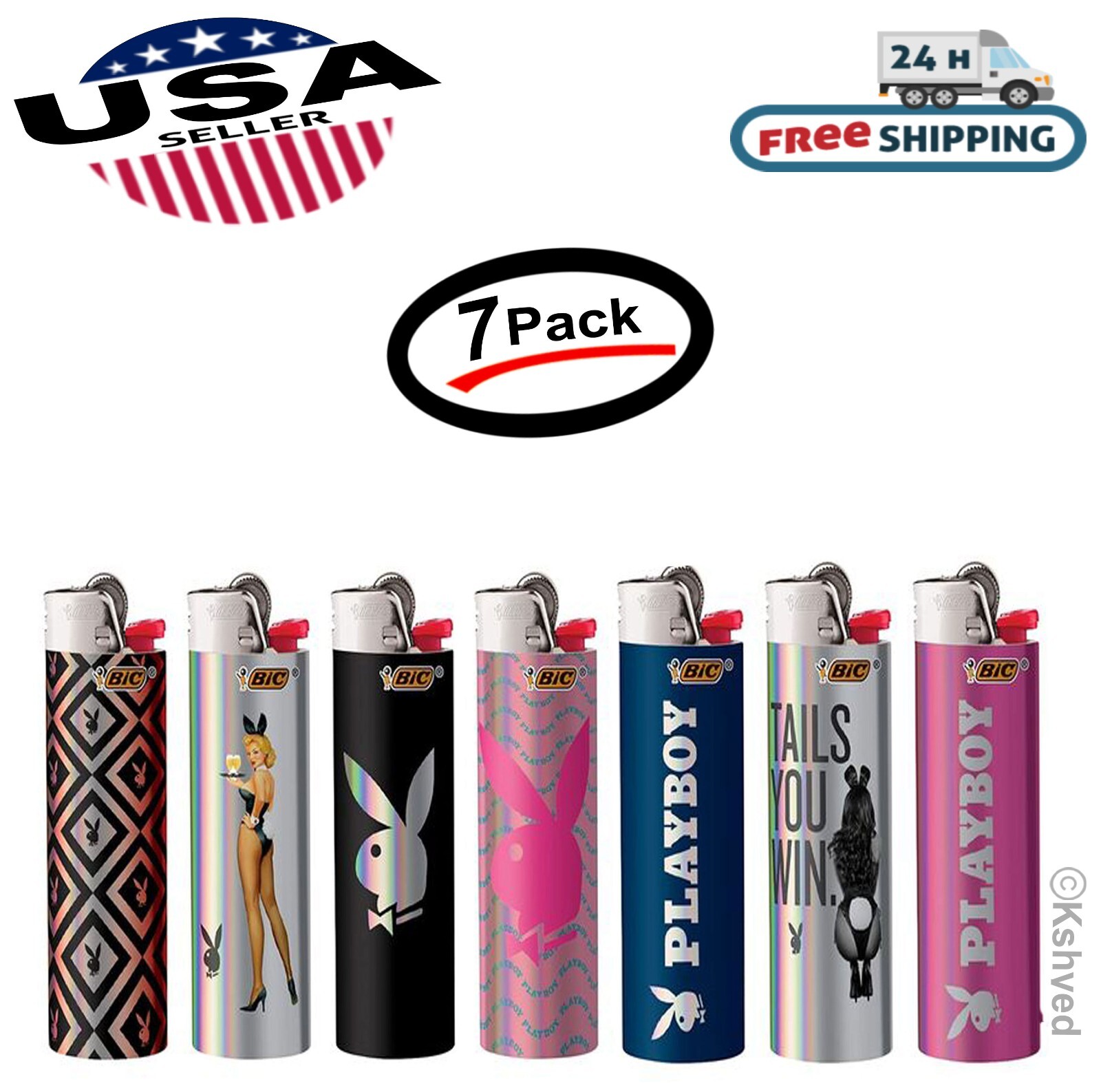 Holographic Playboy Bunny Design Lighters Regular Size (7 Pack) -new