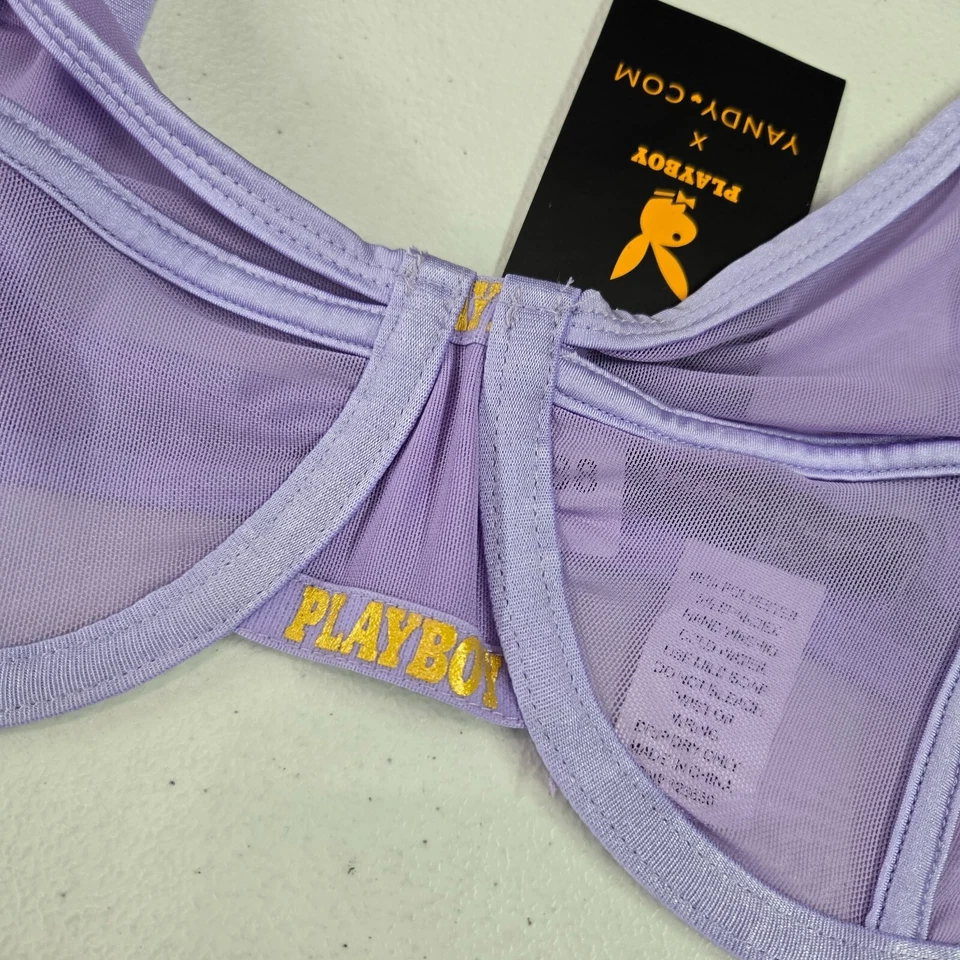 Sutiã Playboy x Yandy Feminino Grande Extra Grande Roxo Transparente Sem Forro Logotipo com Aro Novo com etiquetas - Imagem 4 de 4