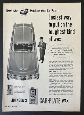 1955 Johnson's Car-Plate Wax Hertz Rent-A-Car B&W Vintage Print Ad