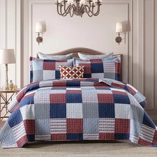 Quilts Queen Size - 100 Cotton Comforter Set Blue Red White Plaid Farmhouse