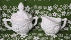 VTG DUNCAN MILLER WHITE MILK GLASS SUGAR BOWL & CREAMER GRAPEVINE 4 INCH