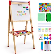 Kids Art Easel Double-Sided Magnetic Dry Erase Board w/ Chalkboard Paper Roll