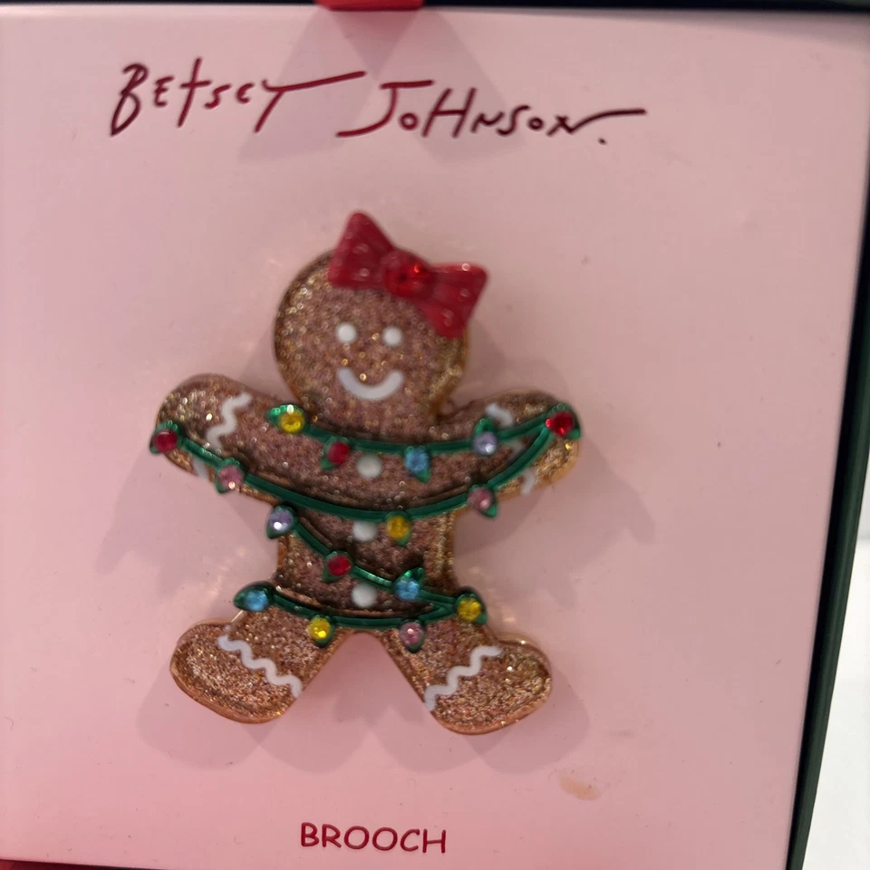 Betsey Johnson Jingle Bell Bling Gingerbread Girl Brooch Pin Gold Tone Holiday - Image 4 of 4