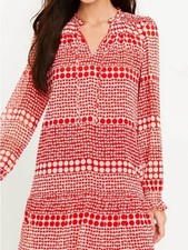 LOFT Red and White Heart Patterned Long-Sleeve V-Neck Tunic Style Dress -medium