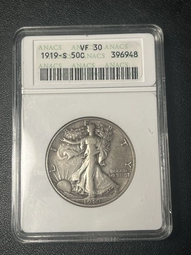 1919-S Walking Liberty Half Dollar 50C - Certified ANACS VF30 - Rare Date!