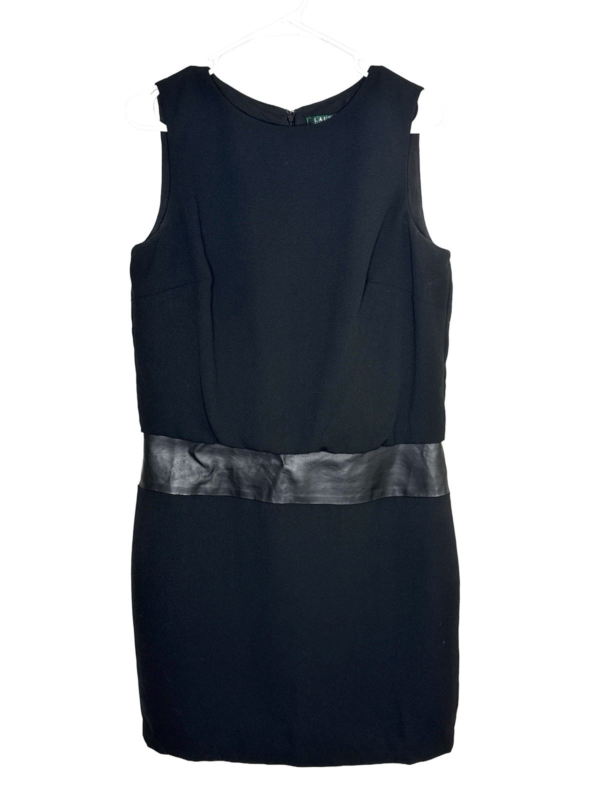 Lauren Ralph Lauren Black Sheath Dress Faux Leather Accents Sleeveless Size 10