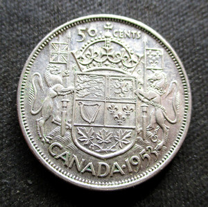 OLD SILVER 50 CENTS 1953 COIN OF CANADA ~ KING GEORGE VI