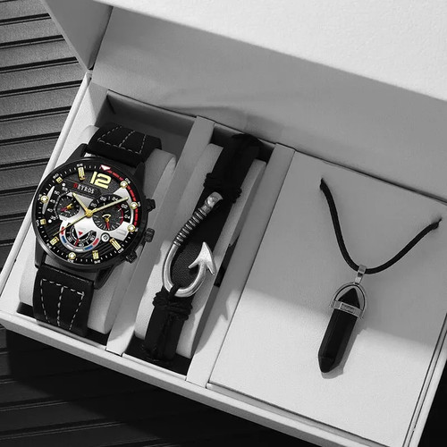 Luxury Men's Quartz Watch Set with Black Leather and Accessories