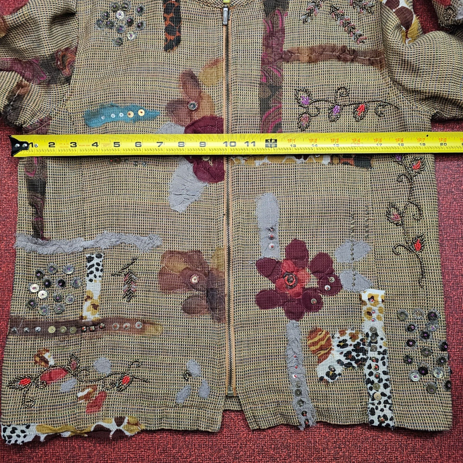 Eclectic Artsy Patchwork Full Zip Jacket S Brown … - image 6