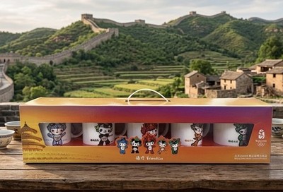 Rare 2008 Beijing Olympics  Fuwa Friendlies Mascot Ceramic Mug Set Original Box