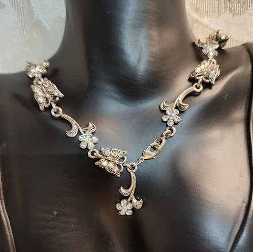 Collana floreale strass tono argento vintage anni 70 pezzo dichiarazione romantica - Foto 2 di 8