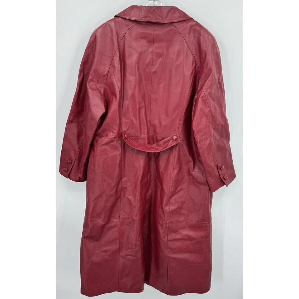 Abrigo Vintage Terry Lewis Para Mujer 1X Cuero Genuino Trench Retro Largo Chic Rojo Foto 3 de 4