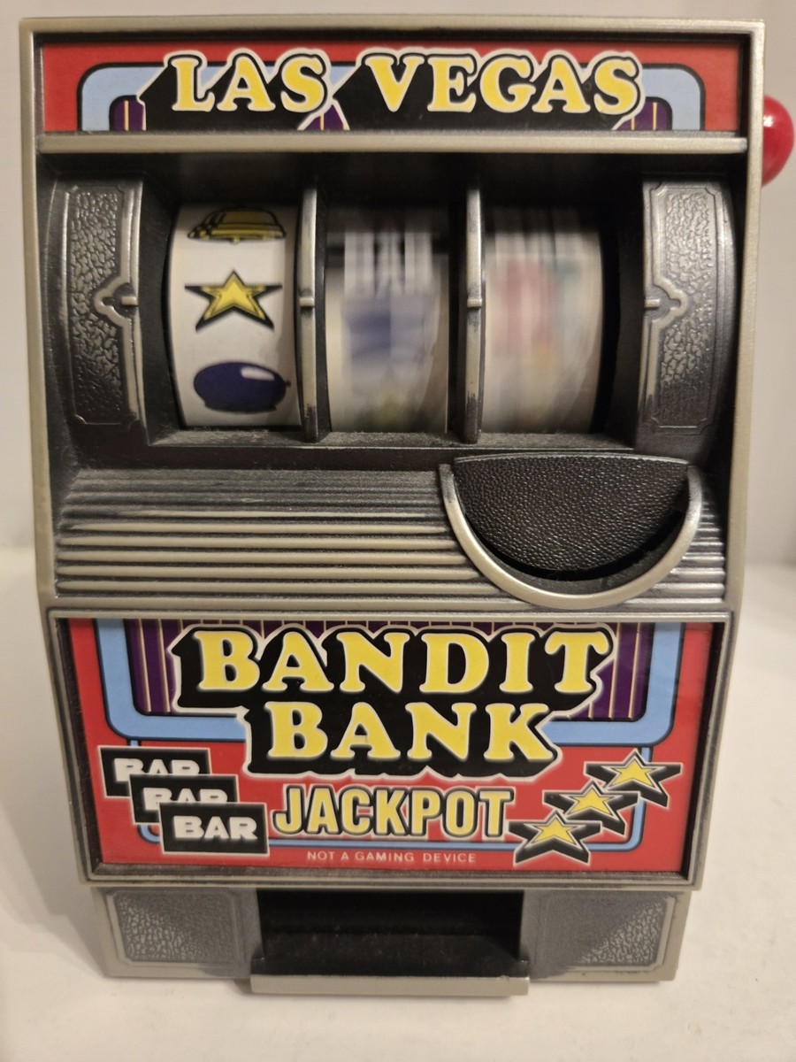 Vtg Las Vegas Bandit Bank Jackpot Slot Machine Coin Bank Works