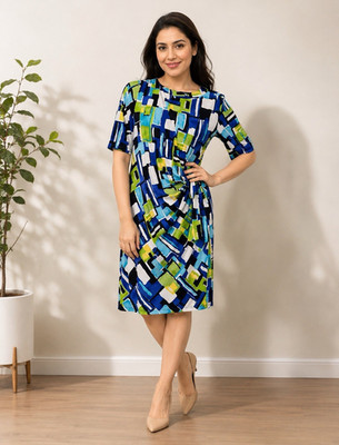 Kiara Women s Abstract Geometric Print Tie Waist Dress Blue Green Size L