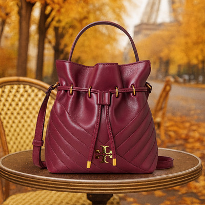 Tory Burch Kira Chevron Garnet Red Soft Leather Mini Bucket Tote