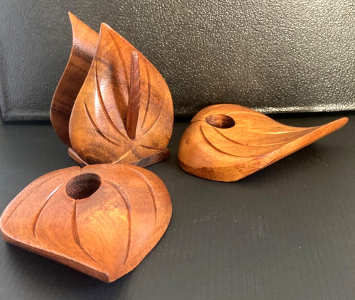 House of Kalai Hand Carved KOA WOOD Candlestick Napkin Holder Set SIGNED Hawaii