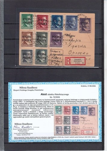 POLAND  1945  KONSKIE 9 LOCAL STAMPS ON POSTCARD  CERTIFICATE  RARITY!