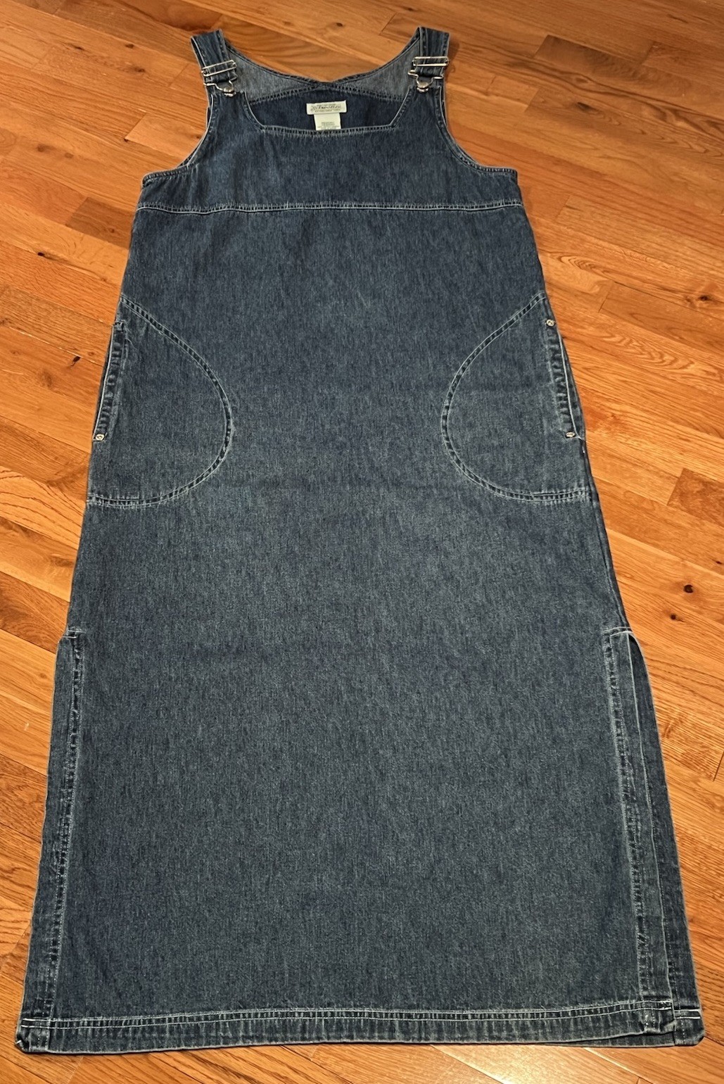 Vintage St John's Bay Overall Dress Jumper Maxi Pockets Side Slit Denim Blue M