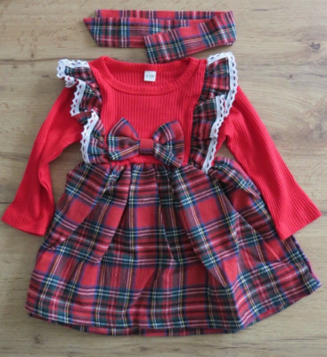 rotes Baby Mädchen Kleid Langarm Tutu Strick Patchwork kariert Schleife 9 12 Monate kariert