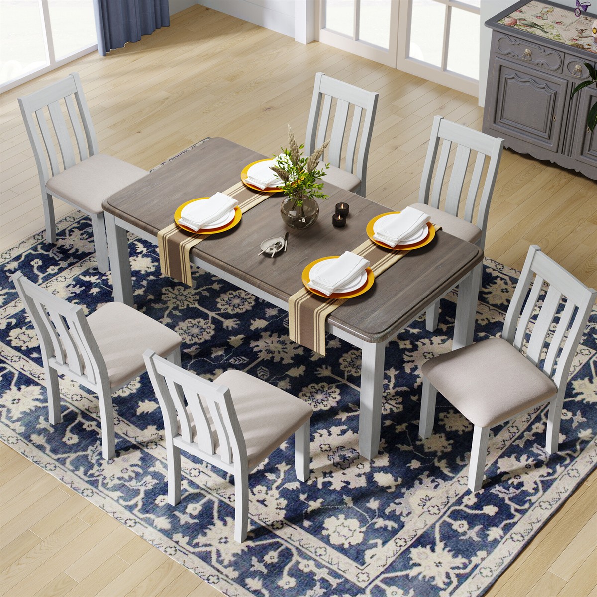 7Piece Kitchen Farmhouse Upholstered Dining Room Set Wood Table