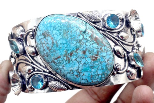 925 Sterling Silver Turquoise & Topaz Gemstone Jewelry Cuff Bracelet Size-ADJ - Picture 2 of 7