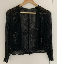 Womens Black Delicate Sequin Mesh Beaded Evening Cardigan. Size 10/12