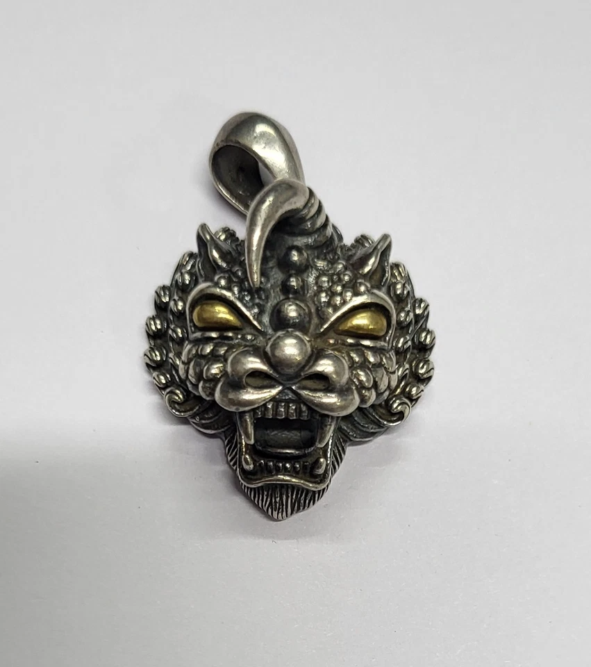 Da Uomo 3.8cm Foo Cane Pinky Ciondolo 925 Ossidato Argento Con Smalto Occhi - Immagine 4 di 4