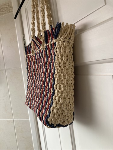 Navy And Red Straw Coloured Holiday Summer Shoulder Beach Bag. - Picture 2 of 3