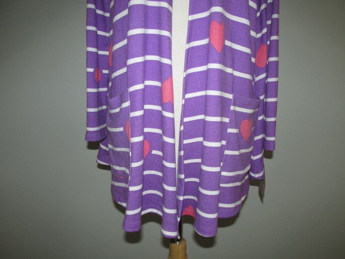 LuLaroe Caroline Size S Purple Stripe Heart Knit Cardigan - Picture 3 of 4