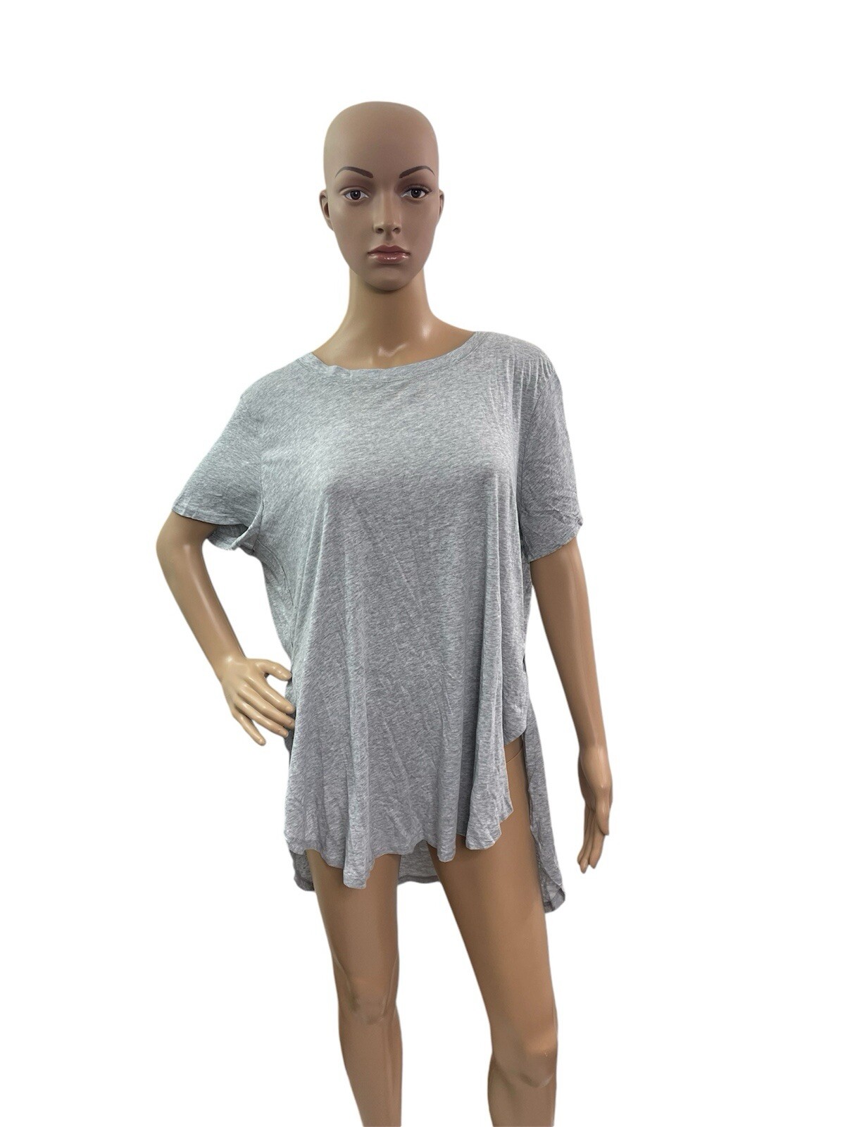 Ambiance Women’s Plus Size 1X Short Sleeve Round Neck Slit Waist Gray Tee
