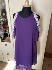 ROIII Ladies Short Shift Dress Size M Purple Chiffon Lace Trim Cold Shoulder NEW