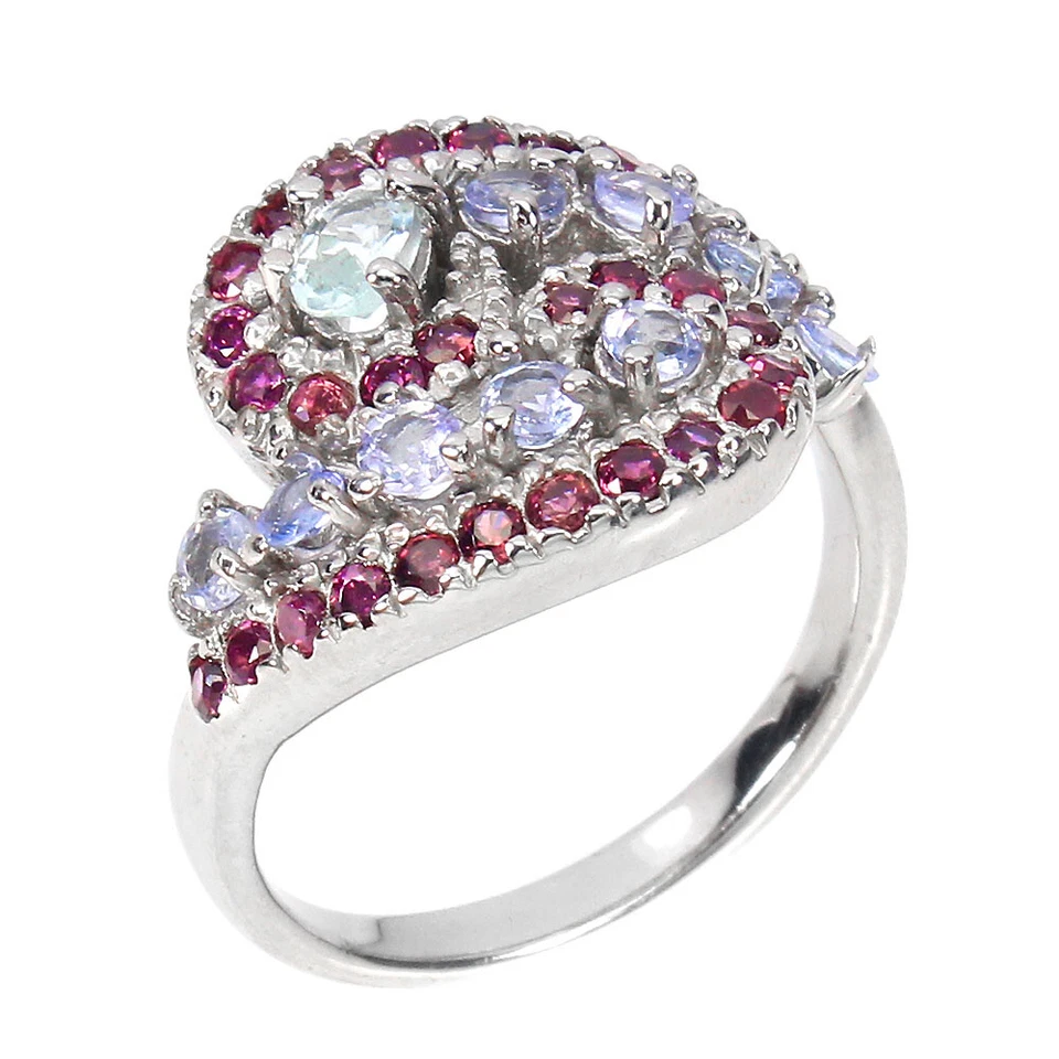 925 Sterling Silver Oval Aquamarine Rhodolite Garnet Tanzanite  Ring 9 - Image 2 of 4