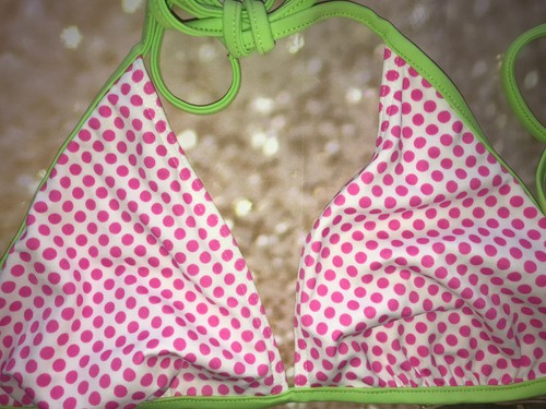 BIKINI TOP TRIANGLE, POLKA DOT PINK/GREEN - HALTER NECK TIE 10/12/14, - Picture 2 of 5