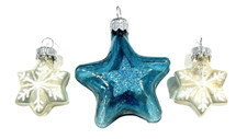 3 VINTAGE BLUE  SILVER COLORED GLITTER GLASS DOUBLE STAR CHRISTMAS ORNAMENT
