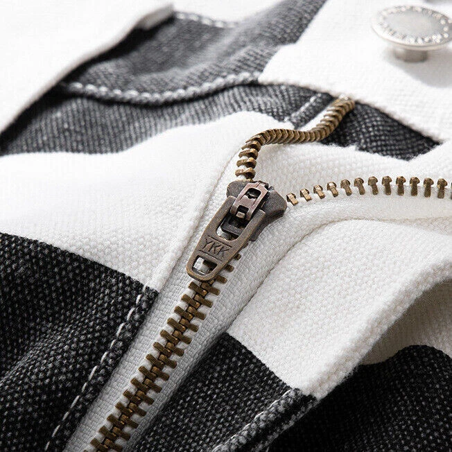 Mens Retro Biker Motorcycle Pants Canvas Prisoner Striped Trousers Vintage Style - Image 4 of 4