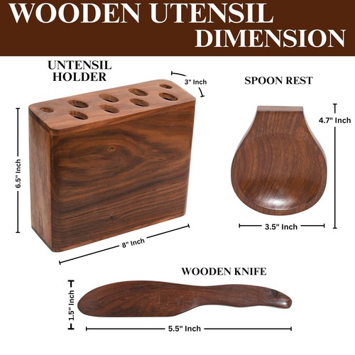 Wooden Cooking Spoons Set Of 8 Teak Wood Spoon With Holder Block – Nonstick C... - Imagen 4 de 9