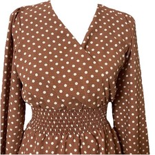 Draper James RSVP Sz S Polka Dot Dress Whie Polka Dots on Caramel Brown Smocked