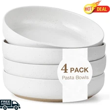 4 Set 8.3" Pasta Bowls 34 Oz Ceramic Salad Bowls White Serving Plate Wide White