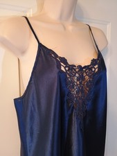 Cinema Etoile Spaghetti Strap Lace V-Neck Navy Midi Poly Chemise Nightgown sz M